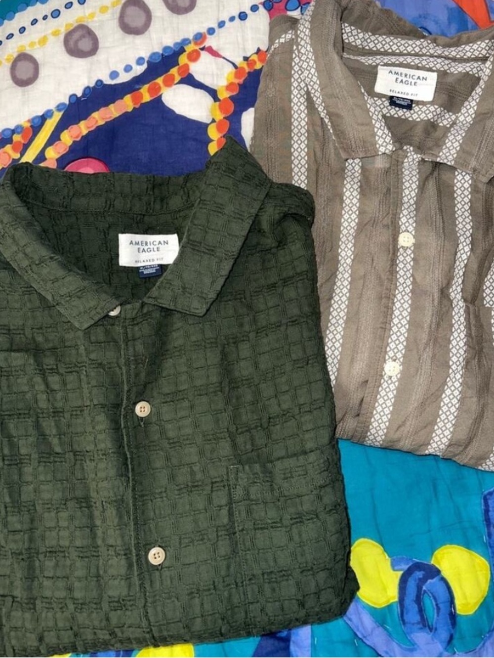American Eagle AE Poolside Green & Striped Olive White Button-Up Shirts Men’s XL